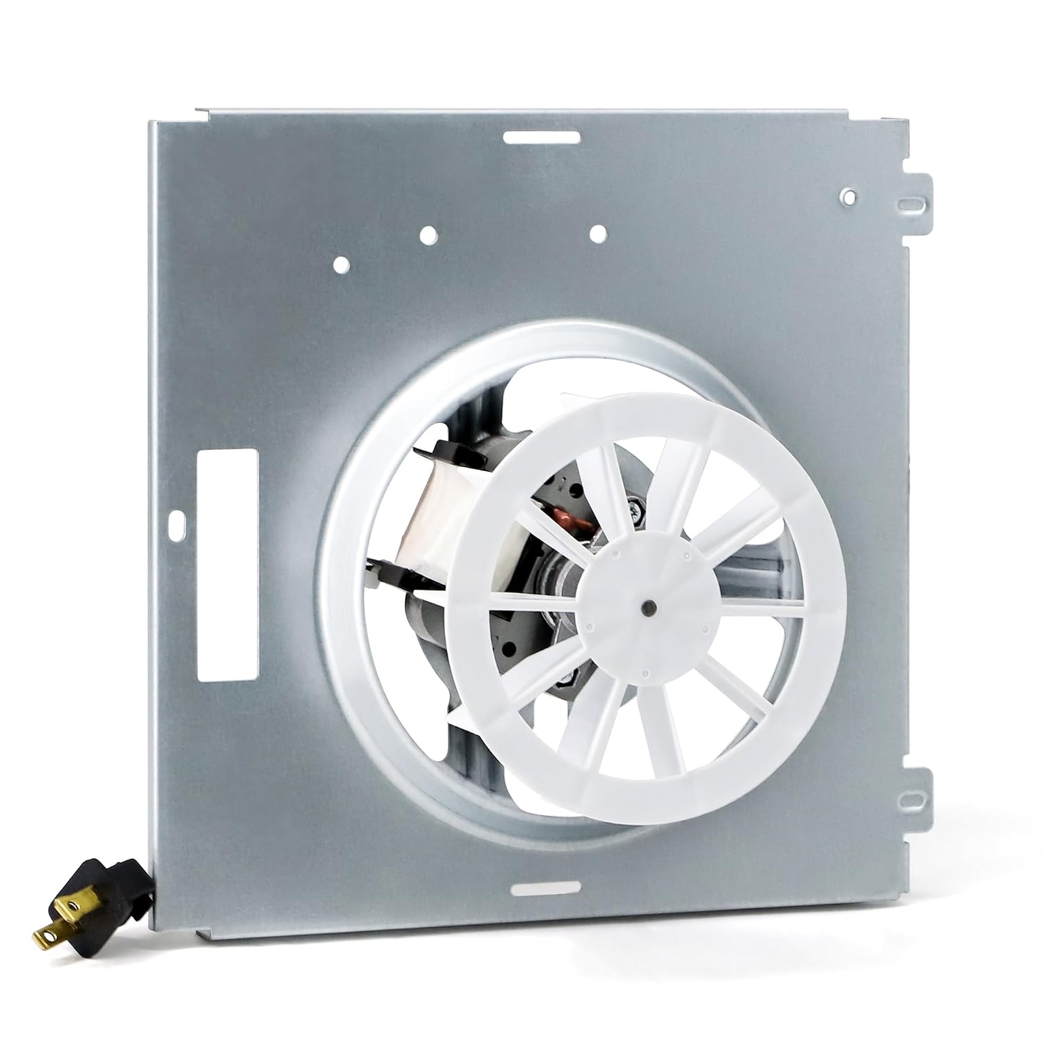 Cenipar S0503B000 motor assembly: shaded-pole motor and white blower wheel mounted on the galvanized plate, with the two-prong plug