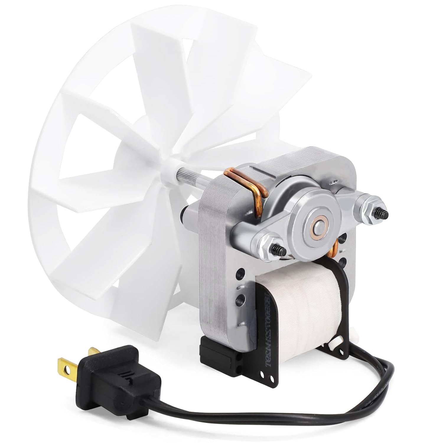 Close-up of the shaded-pole motor and blower wheel: laminated motor stack, shaft, and the two-prong plug on its cord